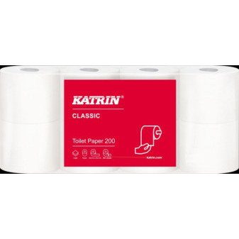 Toaletní papír Katrin 2vrs bílý 23,4m 200útržků 8ks / prodej pouze po balení