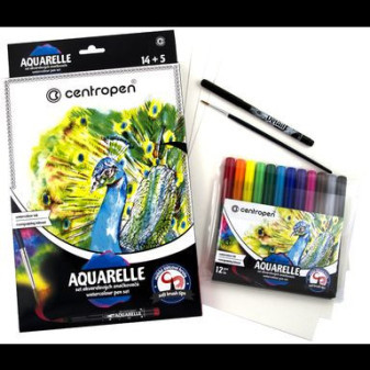 Značkovač Centropen 9383 Aquarelle 12 barev+1 štětec+1 liner+5ks spec.papíru štětcový hrot 1-9mm