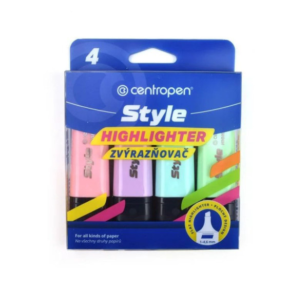 Zvýrazňovač Centropen highlighter style 6252/4 pastelové 4 barvy klínový hrot 1-4,6mm